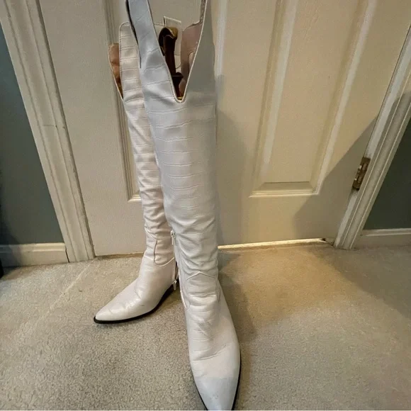 Macy's Shoes Cowboy Ivory Boots Faux Leather Croc High Boots